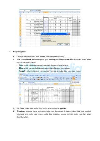 4. Menyaring data
1. Caranya menyaring data ialah, seleksi table yang akan disaring,
2. Klik ribbon Home, kemudian pada grup Editing pilih Sort & Filter klik dropdown, maka akan
muncul menu yang berisi:
- Filter, untuk melakukan penyaringan data dengan criteria tertentu
- Clear, untuk mengembalikan data yang telah dilakukan penyaringan
- Reapply, untuk melakukan penyariangan kembali terhadap data yang baru masuk
3. Klik Filter, maka pada setiap judul kolom akan muncul dropdown.
4. Dropdown tersebut berisi jenis-jenis data yang termaktub di dalam kolom, jika ingin melihat
beberapa jenis data saja, maka ceklis data tersebut, secara otomatis data yang lain akan
disembunyikan.
 