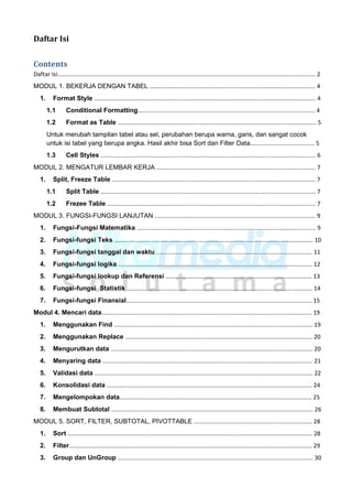 Daftar Isi
Contents
Daftar Isi............................................................................................................................................................. 2
MODUL 1. BEKERJA DENGAN TABEL ..................................................................................................... 4
1. Format Style ....................................................................................................................................... 4
1.1 Conditional Formatting............................................................................................................ 4
1.2 Format as Table ......................................................................................................................... 5
Untuk merubah tampilan tabel atau sel, perubahan berupa warna, garis, dan sangat cocok
untuk isi tabel yang berupa angka. Hasil akhir bisa Sort dan Filter Data....................................... 5
1.3 Cell Styles ................................................................................................................................... 6
MODUL 2. MENGATUR LEMBAR KERJA ................................................................................................. 7
1. Split, Freeze Table ............................................................................................................................ 7
1.1 Split Table ................................................................................................................................... 7
1.2 Frezee Table ............................................................................................................................... 7
MODUL 3. FUNGSI-FUNGSI LANJUTAN .................................................................................................. 9
1. Fungsi-Fungsi Matematika ............................................................................................................. 9
2. Fungsi-fungsi Teks ......................................................................................................................... 10
3. Fungsi-fungsi tanggal dan waktu ............................................................................................... 11
4. Fungsi-fungsi logika ...................................................................................................................... 12
5. Fungsi-fungsi lookup dan Referensi ......................................................................................... 13
6. Fungsi-fungsi Statistik ................................................................................................................. 14
7. Fungsi-fungsi Finansial................................................................................................................. 15
Modul 4. Mencari data................................................................................................................................ 19
1. Menggunakan Find ......................................................................................................................... 19
2. Menggunakan Replace .................................................................................................................. 20
3. Mengurutkan data ........................................................................................................................... 20
4. Menyaring data ................................................................................................................................ 21
5. Validasi data ..................................................................................................................................... 22
6. Konsolidasi data ............................................................................................................................. 24
7. Mengelompokan data..................................................................................................................... 25
8. Membuat Subtotal ........................................................................................................................... 26
MODUL 5. SORT, FILTER, SUBTOTAL, PIVOTTABLE ........................................................................ 28
1. Sort ..................................................................................................................................................... 28
2. Filter.................................................................................................................................................... 29
3. Group dan UnGroup ....................................................................................................................... 30
 
