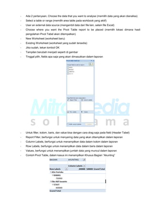 - Ada 2 pertanyaan, Choose the data that you want to analyse (memilih data yang akan dianalisa)
- Select a table or range (memilih area table pada workbook yang aktif)
- User an external data source (mengambil data dari file lain, selain file Excel)
- Choose where you want the Pivot Table report to be placed (memilih lokasi dimana hasil
pengolahan Pivot Tabel akan ditempatkan)
- New Worksheet (worksheet baru)
- Existing Worksheet (worksheet yang sudah tersedia)
- Jika sudah, tekan tombol OK
- Tampilan berubah menjadi seperti di gambar
- Tinggal pilih, fields apa saja yang akan dimasukkan dalam laporan
- Untuk filter, kolom, baris, dan value bisa dengan cara drag saja pada field (Header Tabel)
- Report Filter, berfungsi untuk menyaring data yang akan ditampilkan dalam laporan
- Column Labels, berfungsi untuk menampilkan data dalam kolom dalam laporan
- Row Labels, berfungsi untuk menampilkan data dalam baris dalam laporan
- Values, berfungsi untuk menampilkan jumlah data yang muncul dalam laporan
- Contoh Pivot Table, dalam kasus ini menampilkan Khusus Bagian “Akunting”
 
