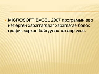MICROSOFT EXCEL 2007 програмын өөр нэг өргөн хэрэглэгддэг хэрэглэгээ болох график хэрхэн байгуулах талаар үзье. 
