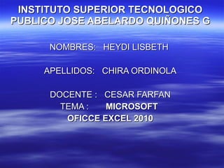 INSTITUTO SUPERIOR TECNOLOGICO PUBLICO JOSE ABELARDO QUIÑONES G NOMBRES:  HEYDI LISBETH  APELLIDOS:  CHIRA ORDINOLA DOCENTE :  CESAR FARFAN TEMA :  MICROSOFT  OFICCE EXCEL 2010 