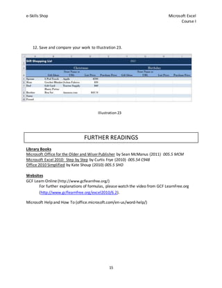 e-Skills Shop Microsoft Excel
Course I
15
12. Save and compare your work to Illustration 23.
FURTHER READINGS
Library Books
Microsoft Office for the Older and Wiser Publisher by Sean McManus (2011) 005.5 MCM
Microsoft Excel 2010: Step by Step by Curtis Frye (2010) 005.54 C948
Office 2010 Simplified by Kate Shoup (2010) 005.5 SHO
Websites
GCF Learn Online (http://www.gcflearnfree.org/)
For further explanations of formulas, please watch the video from GCF LearnFree.org
(http://www.gcflearnfree.org/excel2010/6.2).
Microsoft Help and How To (office.microsoft.com/en-us/word-help/)
Illustration 23
 