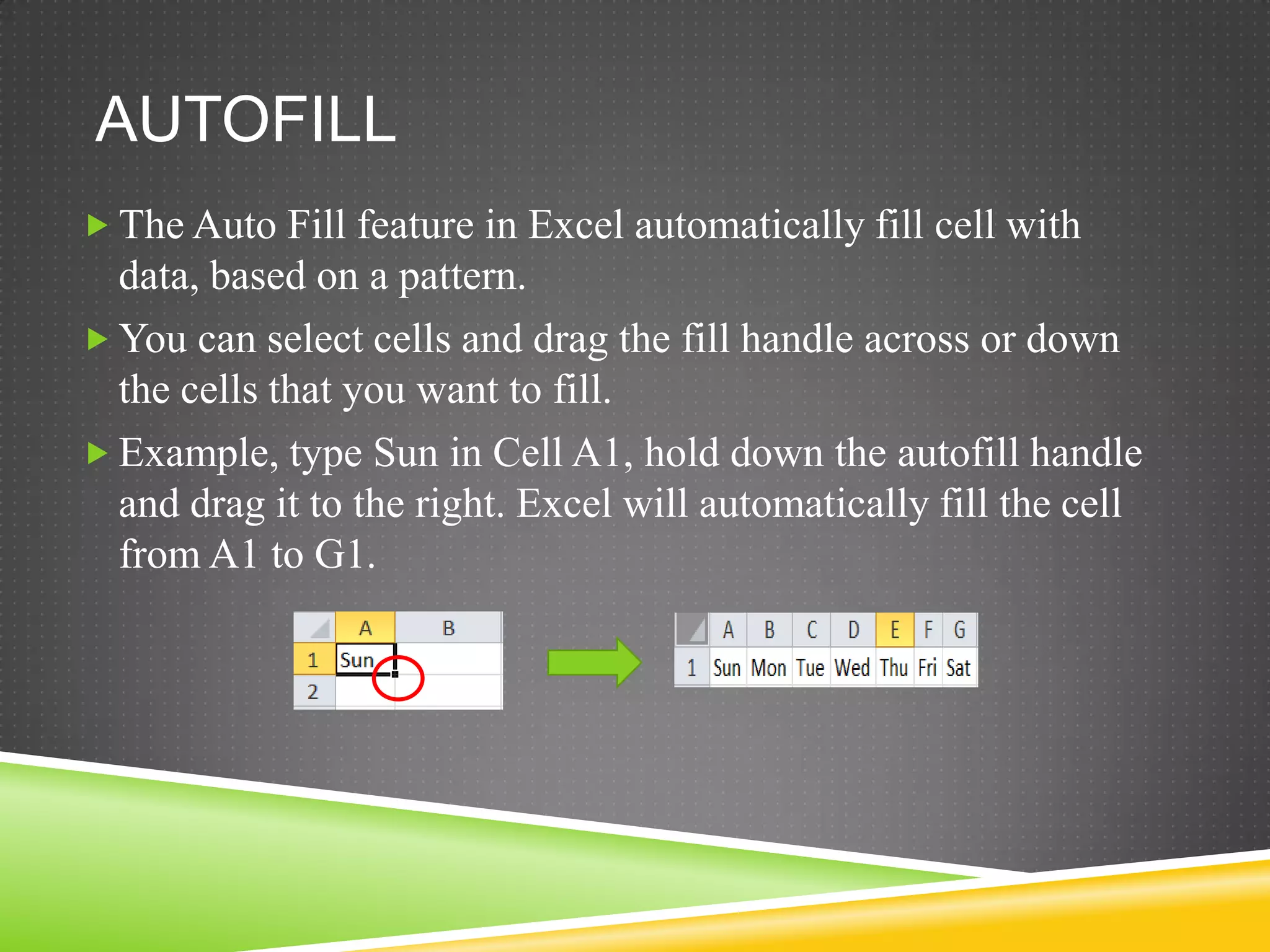 AUTOFILL
 The Auto Fill feature in Excel automatically fill cell with
  data, based on a pattern.
 You can select cells and drag the fill handle across or down
  the cells that you want to fill.
 Example, type Sun in Cell A1, hold down the autofill handle
  and drag it to the right. Excel will automatically fill the cell
  from A1 to G1.
 