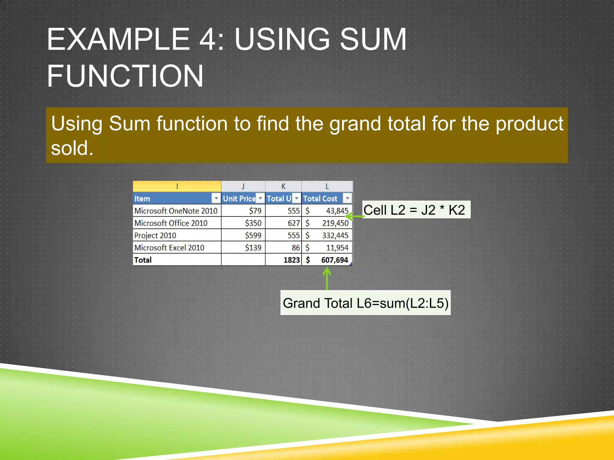 EXAMPLE 4: USING SUM
FUNCTION
Using Sum function to find the grand total for the product
sold.

                                      Cell L2 = J2 * K2




                          Grand Total L6=sum(L2:L5)
 