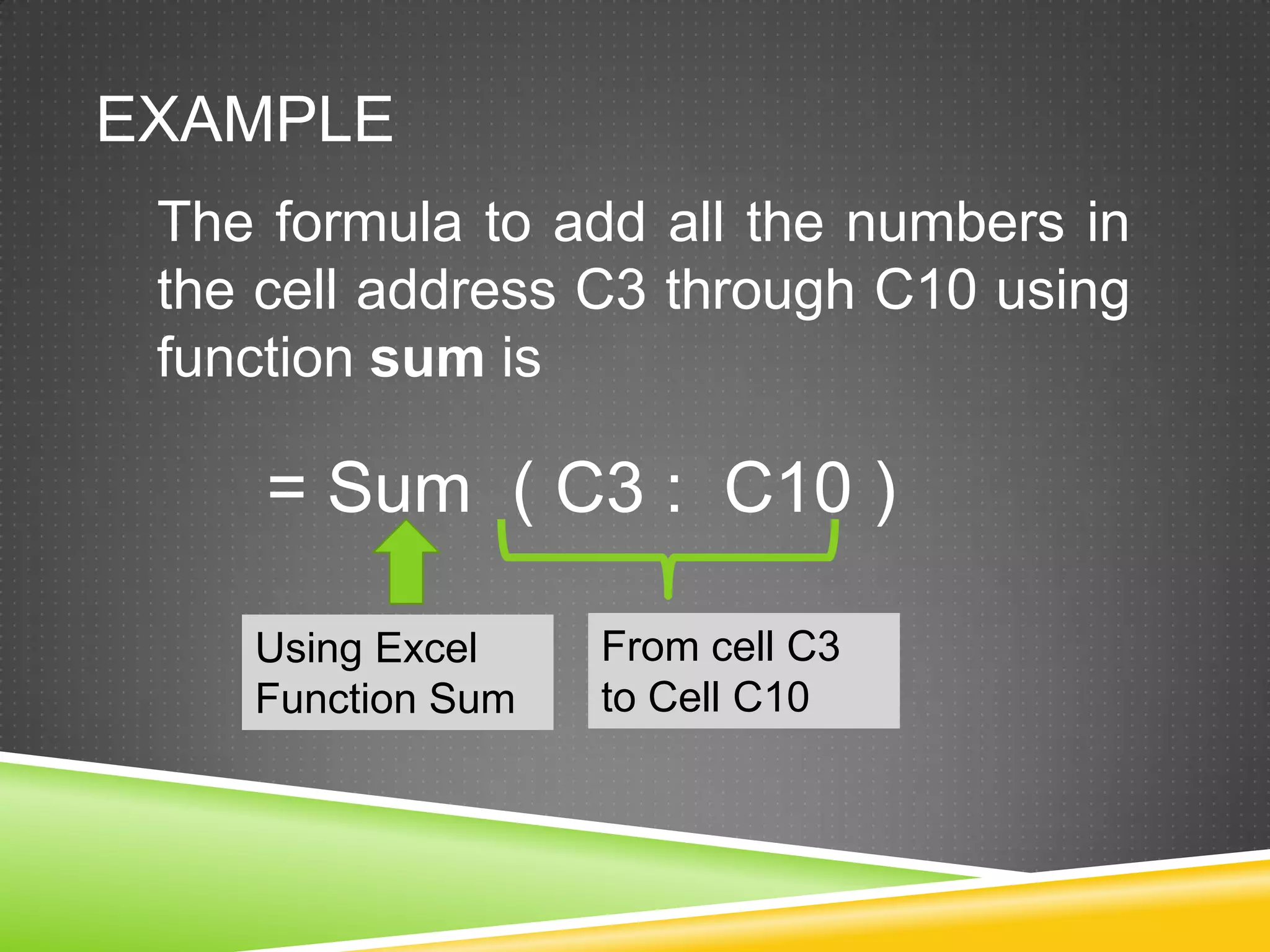 EXAMPLE
 The formula to add all the numbers in
 the cell address C3 through C10 using
 function sum is

     = Sum ( C3 : C10 )

    Using Excel    From cell C3
    Function Sum   to Cell C10
 