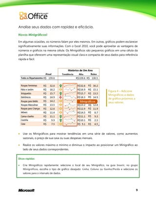 9
Analise seus dados com rapidez e eficácia.
Novos Minigráficos!
Em algumas ocasiões, os números falam por eles mesmos. Em outras, gráficos podem esclarecer
significativamente suas informações. Com o Excel 2010, você pode aproveitar as vantagens de
números e gráficos na mesma célula. Os Minigráficos são pequenos gráficos em uma célula da
planilha que oferecem uma representação visual clara e compacta de seus dados para referência
rápida e fácil.
Figura 4 – Adicione
Minigráficos a dados
de gráfico próximos a
seus valores.
 Use os Minigráficos para mostrar tendências em uma série de valores, como aumentos
sazonais, o preço de sua casa ou suas despesas mensais.
 Realce os valores máximo e mínimo e diminua o impacto ao posicionar um Minigráfico ao
lado de seus dados correspondentes.
Dicas rápidas:
 Crie Minigráficos rapidamente: selecione o local de seu Minigráfico, na guia Inserir, no grupo
Minigráficos, escolha o tipo de gráfico desejado: Linha, Coluna ou Ganho/Perda e selecione os
valores para o intervalo de dados.
 