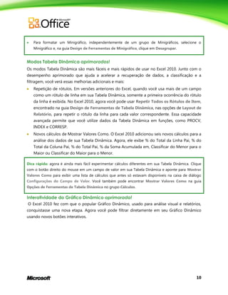 10
 Para formatar um Minigráfico, independentemente de um grupo de Minigráficos, selecione o
Minigráfico e, na guia Design de Ferramentas de Minigráfico, clique em Desagrupar.
Modos Tabela Dinâmica aprimorados!
Os modos Tabela Dinâmica são mais fáceis e mais rápidos de usar no Excel 2010. Junto com o
desempenho aprimorado que ajuda a acelerar a recuperação de dados, a classificação e a
filtragem, você verá essas melhorias adicionais e mais:
 Repetição de rótulos. Em versões anteriores do Excel, quando você usa mais de um campo
como um rótulo de linha em sua Tabela Dinâmica, somente a primeira ocorrência do rótulo
da linha é exibida. No Excel 2010, agora você pode usar Repetir Todos os Rótulos de Item,
encontrado na guia Design de Ferramentas de Tabela Dinâmica, nas opções de Layout de
Relatório, para repetir o rótulo da linha para cada valor correspondente. Essa capacidade
avançada permite que você utilize dados da Tabela Dinâmica em funções, como PROCV,
INDEX e CORRESP.
 Novos cálculos de Mostrar Valores Como. O Excel 2010 adicionou seis novos cálculos para a
análise dos dados de sua Tabela Dinâmica. Agora, ele exibe % do Total da Linha Pai, % do
Total da Coluna Pai, % do Total Pai, % da Soma Acumulada em, Classificar do Menor para o
Maior ou Classificar do Maior para o Menor.
Dica rápida: agora é ainda mais fácil experimentar cálculos diferentes em sua Tabela Dinâmica. Clique
com o botão direito do mouse em um campo de valor em sua Tabela Dinâmica e aponte para Mostrar
Valores Como para exibir uma lista de cálculos que antes só estavam disponíveis na caixa de diálogo
Configurações do Campo de Valor. Você também pode encontrar Mostrar Valores Como na guia
Opções de Ferramentas de Tabela Dinâmica no grupo Cálculos.
Interatividade do Gráfico Dinâmico aprimorada!
O Excel 2010 fez com que o popular Gráfico Dinâmico, usado para análise visual e relatórios,
conquistasse uma nova etapa. Agora você pode filtrar diretamente em seu Gráfico Dinâmico
usando novos botões interativos.
 