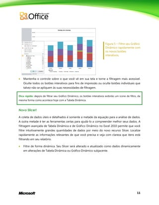 11
 Mantenha o controle sobre o que você vê em sua tela e torne a filtragem mais acessível.
Oculte todos os botões interativos para fins de impressão ou oculte botões individuais que
talvez não se apliquem às suas necessidades de filtragem.
Dica rápida: depois de filtrar seu Gráfico Dinâmico, os botões interativos exibirão um ícone de filtro, da
mesma forma como acontece hoje com a Tabela Dinâmica.
Novo Slicer!
A coleta de dados úteis e detalhados é somente a metade da equação para a análise de dados.
A outra metade é ter as ferramentas certas para ajudá-lo a compreender melhor seus dados. A
filtragem avançada de Tabela Dinâmica e de Gráfico Dinâmico no Excel 2010 permite que você
filtre intuitivamente grandes quantidades de dados por meio do novo recurso Slicer. Localize
rapidamente as informações relevantes de que você precisa e veja com clareza que itens está
filtrando em seu relatório.
 Filtre de forma dinâmica. Seu Slicer será alterado e atualizado como dados dinamicamente
em alterações de Tabela Dinâmica ou Gráfico Dinâmico subjacente.
Figura 5 – Filtre seu Gráfico
Dinâmico rapidamente com
os novos botões
interativos.
 