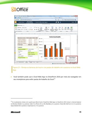 36
Figura 23 – Rompa as barreiras de local e crie pastas de trabalho em coautoria no Excel Web
App.
 Você também pode usar o Excel Web App no SharePoint 2010 por meio do navegador em
seu smartphone para exibir pastas de trabalho do Excel.15
15
Os visualizadores móveis com suporte para Word, Excel e PowerPoint Web Apps no SharePoint 2010 incluem o Internet Explorer
no Windows Mobile 5 ou posterior, Safari 4 no iPhone 3G ou 3GS, BlackBerry 4.x e posterior, Nokia S60, NetFront 3.4, 3.5 e posterior,
Opera Mobile 8.65 e posterior e Openwave 6.2, 7.0 e posterior.
 