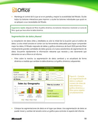 11
 Mantenga el control de lo que se ve en pantalla y mejore la accesibilidad del filtrado. Oculte
todos los botones interactivos para imprimir u oculte los botones individuales que quizá no
se apliquen a sus necesidades de filtrado.
Sugerencia rápida: después de filtrar el gráfico dinámico, los botones interactivos mostrarán un icono de
filtro, igual que hace ahora la tabla dinámica.
Segmentación de datos ¡Nuevo!
La recopilación de datos útiles y detallados es solo la mitad de la ecuación para el análisis de
datos. La otra mitad consiste en contar con las herramientas adecuadas para lograr comprender
mejor los datos. El filtrado mejorado de tablas y gráficos dinámicos de Excel 2010 permite filtrar
intuitivamente grandes cantidades de datos gracias a la nueva característica de segmentación de
datos. Encuentre rápidamente la información relevante que necesita y vea claramente qué
elementos se van a filtrar en el informe.
 Filtre sobre la marcha. La segmentación de datos cambiará y se actualizará de forma
dinámica a medida que cambien la tabla dinámica o el gráfico dinámico subyacentes.
Figura 6 – Conecte
una segmentación de
datos a cualquier
número de vistas de
tabla dinámica y
gráfico dinámico, y
filtre varios objetos
simultáneamente.
 Coloque las segmentaciones de datos en el lugar que desee. Una segmentación de datos se
puede mover y cambiar de tamaño como un gráfico para controlar el aspecto del informe.
 