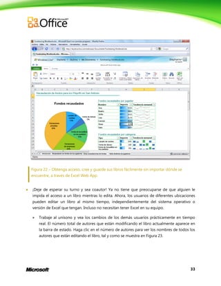 33
Figura 22 – Obtenga acceso, cree y guarde sus libros fácilmente sin importar dónde se
encuentre, a través de Excel Web App.
 ¡Deje de esperar su turno y sea coautor! Ya no tiene que preocuparse de que alguien le
impida el acceso a un libro mientras lo edita. Ahora, los usuarios de diferentes ubicaciones
pueden editar un libro al mismo tiempo, independientemente del sistema operativo o
versión de Excel que tengan. Incluso no necesitan tener Excel en su equipo.
 Trabaje al unísono y vea los cambios de los demás usuarios prácticamente en tiempo
real. El número total de autores que están modificando el libro actualmente aparece en
la barra de estado. Haga clic en el número de autores para ver los nombres de todos los
autores que están editando el libro, tal y como se muestra en Figura 23.
 