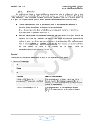 Microsoft Excel 2010 Curso de Formación Docente
Universidad Cristóbal Colón
98
1.25.10. Si Anidado
Es posible anidar hasta 64 funciones SI como argumentos valor_si_verdadero y valor_si_falso
para crear pruebas más complicadas. (Vea el ejemplo 3 para ver una muestra de funciones SI anidadas).
Como alternativa, para comprobar muchas condiciones, plantéese usar las funciones BUSCAR,
BUSCARV o BUSCARH. (Vea el ejemplo 4 para obtener una muestra de la función BUSCARH.)
 Cuando los argumentos valor_si_verdadero y valor_si_falso se evalúan, la función SI
devuelve el valor devuelto por la ejecución de las instrucciones.
 Si uno de los argumentos de la función SI es una matriz, cada elemento de la matriz se
evaluará cuando se ejecute la instrucción SI.
 Microsoft Excel proporciona funciones adicionales que se pueden utilizar para analizar los
datos en función de una condición. Por ejemplo, para contar el número de veces que una
cadena de texto o un número aparecen dentro de un rango de celdas, utilice las funciones de
hoja de cálculoCONTAR.SI y CONTAR.SI.CONJUNTO. Para calcular una suma basándose
en una cadena de texto o un número de un rango, utilice las
funciones SUMAR.SI y SUMAR.SI.CONJUNTO.
Ejemplo 1
Es más sencillo comprender el ejemplo si se copia en una hoja de cálculo en blanco.
Cómo copiar un ejemplo
1
2
A
Datos
50
Fórmula Descripción (resultado)
=SI(A2<=100;"Dentro de
presupuesto";"Presupuesto excedido")
Si el número anterior es igual o menor que 100, la
fórmula muestra "Dentro de presupuesto". De lo
contrario, la función mostrará "Presupuesto excedido"
(Dentro de presupuesto)
=SI(A2=100;SUMA(B5:B15);"") Si el número anterior es 100, se calcula el rango
B5:B15. En caso contrario, se devuelve texto vacío
("") ()
 