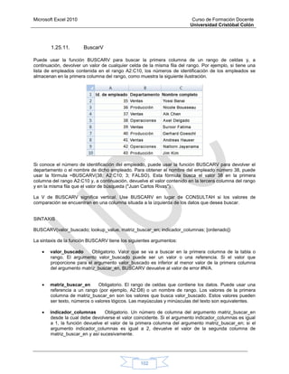 Microsoft Excel 2010 Curso de Formación Docente
Universidad Cristóbal Colón
102
1.25.11. BuscarV
Puede usar la función BUSCARV para buscar la primera columna de un rango de celdas y, a
continuación, devolver un valor de cualquier celda de la misma fila del rango. Por ejemplo, si tiene una
lista de empleados contenida en el rango A2:C10, los números de identificación de los empleados se
almacenan en la primera columna del rango, como muestra la siguiente ilustración.
Si conoce el número de identificación del empleado, puede usar la función BUSCARV para devolver el
departamento o el nombre de dicho empleado. Para obtener el nombre del empleado número 38, puede
usar la fórmula =BUSCARV(38; A2:C10; 3; FALSO). Esta fórmula busca el valor 38 en la primera
columna del rango A2:C10 y, a continuación, devuelve el valor contenido en la tercera columna del rango
y en la misma fila que el valor de búsqueda ("Juan Carlos Rivas").
La V de BUSCARV significa vertical. Use BUSCARV en lugar de CONSULTAH si los valores de
comparación se encuentran en una columna situada a la izquierda de los datos que desea buscar.
SINTAXIS
BUSCARV(valor_buscado; lookup_value, matriz_buscar_en; indicador_columnas; [ordenado])
La sintaxis de la función BUSCARV tiene los siguientes argumentos:
 valor_buscado Obligatorio. Valor que se va a buscar en la primera columna de la tabla o
rango. El argumento valor_buscado puede ser un valor o una referencia. Si el valor que
proporcione para el argumento valor_buscado es inferior al menor valor de la primera columna
del argumento matriz_buscar_en, BUSCARV devuelve al valor de error #N/A.
 matriz_buscar_en Obligatorio. El rango de celdas que contiene los datos. Puede usar una
referencia a un rango (por ejemplo, A2:D8) o un nombre de rango. Los valores de la primera
columna de matriz_buscar_en son los valores que busca valor_buscado. Estos valores pueden
ser texto, números o valores lógicos. Las mayúsculas y minúsculas del texto son equivalentes.
 indicador_columnas Obligatorio. Un número de columna del argumento matriz_buscar_en
desde la cual debe devolverse el valor coincidente. Si el argumento indicador_columnas es igual
a 1, la función devuelve el valor de la primera columna del argumento matriz_buscar_en; si el
argumento indicador_columnas es igual a 2, devuelve el valor de la segunda columna de
matriz_buscar_en y así sucesivamente.
 