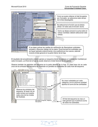 Microsoft Excel 2010 Curso de Formación Docente
Universidad Cristóbal Colón
12
El resultado del procedimiento anterior genera un esquema donde se aprecia un subtotal de Cantidad por
cada Concepto, y al final de la hoja se puede observar el total General de los gastos.
Observe también los símbolos del esquema en la parte derecha de la hoja. Si usted hace clic en cada
unos de los símbolos del esquema se mostrarán en pantalla los subtotales de cada nivel del esquema.
Como se quiere obtener el total de gastos
por Concepto, se selecciona este campo
de la lista desplegable.
Se selecciona la función que se desea
utilizar. En este caso la función Suma.
Como se desea conocer la suma sobre el
campo Cantidad, deberá seleccionar este
campo.
Si se dejan activas las casillas de verificación de Reemplazar subtotales
actuales y Resumen debajo de los datos, Excel borrará los subtotales que
se hayan aplicado anteriormente y los sustituirá por los nuevos; además
incluirá el total general en la parte inferior de la hoja.
Observe los símbolos del
esquema. Al hacer clic en
cada número se muestra
cada unos de los niveles
del Subtotal.
Se crean subtotales por cada
categoría y en la columna cantidad
aparece la suma de las cantidades
Al final del esquema se crea un
total general que muestra la suma
de todos los subtotales.
 