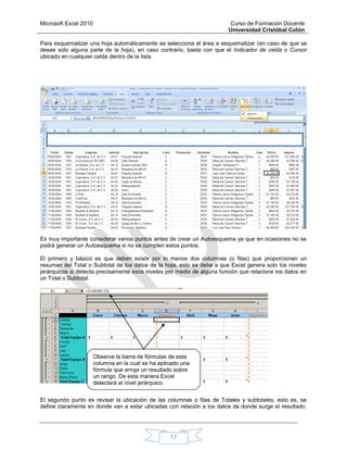 Microsoft Excel 2010 Curso de Formación Docente
Universidad Cristóbal Colón
17
Para esquematizar una hoja automáticamente se selecciona el área a esquematizar (en caso de que se
desee solo alguna parte de la hoja), en caso contrario, basta con que el Indicador de celda o Cursor
ubicado en cualquier celda dentro de la lista.
Es muy importante considerar varios puntos antes de crear un Autoesquema ya que en ocasiones no se
podrá generar un Autoesquema si no se cumplen estos puntos.
El primero y básico es que deben existir por lo menos dos columnas (o filas) que proporcionen un
resumen del Total o Subtotal de los datos de la hoja, esto se debe a que Excel genera solo los niveles
jerárquicos si detecta precisamente esos niveles por medio de alguna función que relacione los datos en
un Total o Subtotal.
El segundo punto es revisar la ubicación de las columnas o filas de Totales y subtotales, esto es, se
define claramente en donde van a estar ubicadas con relación a los datos de donde surge el resultado.
Observe la barra de fórmulas de esta
columna en la cual se ha aplicado una
fórmula que arroja un resultado sobre
un rango. De esta manera Excel
detectará el nivel jerárquico.
 