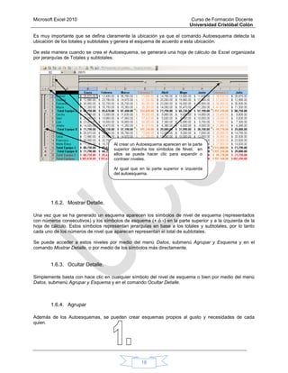 Microsoft Excel 2010 Curso de Formación Docente
Universidad Cristóbal Colón
18
Es muy importante que se defina claramente la ubicación ya que el comando Autoesquema detecta la
ubicación de los totales y subtotales y genera el esquema de acuerdo a esta ubicación.
De esta manera cuando se crea el Autoesquema, se generará una hoja de cálculo de Excel organizada
por jerarquías de Totales y subtotales.
1.6.2. Mostrar Detalle.
Una vez que se ha generado un esquema aparecen los símbolos de nivel de esquema (representados
con números consecutivos) y los símbolos de esquema (+ ó -) en la parte superior y a la izquierda de la
hoja de cálculo. Estos símbolos representan jerarquías en base a los totales y subtotales, por lo tanto
cada uno de los números de nivel que aparecen representan el total de subtotales.
Se puede acceder a estos niveles por medio del menú Datos, submenú Agrupar y Esquema y en el
comando Mostrar Detalle, o por medio de los símbolos más directamente.
1.6.3. Ocultar Detalle.
Simplemente basta con hace clic en cualquier símbolo del nivel de esquema o bien por medio del menú
Datos, submenú Agrupar y Esquema y en el comando Ocultar Detalle.
1.6.4. Agrupar
Además de los Autoesquemas, se pueden crear esquemas propios al gusto y necesidades de cada
quien.
Al crear un Autoesquema aparecen en la parte
superior derecha los símbolos de Nivel, en
ellos se puede hacer clic para expandir o
contraer niveles.
Al igual que en la parte superior e izquierda
del autoesquema.
 