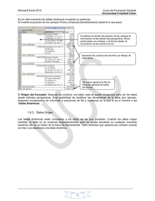 Microsoft Excel 2010 Curso de Formación Docente
Universidad Cristóbal Colón
33
Es en este momento las tablas dinámicas muestran su potencial.
Si invierte la posición de los campos Fecha y Empresa (arrastrándolos) observe lo que pasa:
El Origen del Concepto: Después de construir una tabla, esta se puede reorganizar para ver los datos
desde distintas perspectivas. Esta posibilidad de modificar las dimensiones de la tabla (por ejemplo,
trasponer encabezados de columnas a posiciones de fila y viceversa) es la que le da el nombre a las
Tablas Dinámicas.
1.8.3. Datos Origen
Las tablas dinámicas están vinculadas a los datos de los que proceden. Cuando los datos origen
cambian, la tabla no se recalcula automáticamente, pero se puede actualizar en cualquier momento
haciendo clic en un botón de la barra de herramientas Tabla dinámica que aparece por omisión cuando
se crea o se selecciona una tabla dinámica.
Al realizar el cambio de posición de los campos la
información se lee desde otra perspectiva. Ahora
podrá saber con certeza, y de forma rápida, el
movimiento de las ventas por día.
Aparecen los campos de resumen por debajo de
cada fecha.
De nuevo aparece la fila de
resumen general de todas
las fechas.
 