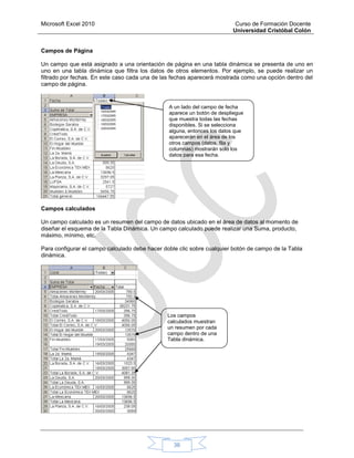 Microsoft Excel 2010 Curso de Formación Docente
Universidad Cristóbal Colón
36
Campos de Página
Un campo que está asignado a una orientación de página en una tabla dinámica se presenta de uno en
uno en una tabla dinámica que filtra los datos de otros elementos. Por ejemplo, se puede realizar un
filtrado por fechas. En este caso cada una de las fechas aparecerá mostrada como una opción dentro del
campo de página.
Campos calculados
Un campo calculado es un resumen del campo de datos ubicado en el área de datos al momento de
diseñar el esquema de la Tabla Dinámica. Un campo calculado puede realizar una Suma, producto,
máximo, mínimo, etc.
Para configurar el campo calculado debe hacer doble clic sobre cualquier botón de campo de la Tabla
dinámica.
A un lado del campo de fecha
aparece un botón de despliegue
que muestra todas las fechas
disponibles. Si se selecciona
alguna, entonces los datos que
aparecerán en el área de los
otros campos (datos, fila y
columnas) mostrarán solo los
datos para esa fecha.
Los campos
calculados muestran
un resumen por cada
campo dentro de una
Tabla dinámica.
 