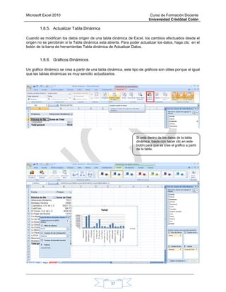Microsoft Excel 2010 Curso de Formación Docente
Universidad Cristóbal Colón
37
1.8.5. Actualizar Tabla Dinámica
Cuando se modifican los datos origen de una tabla dinámica de Excel, los cambios efectuados desde el
origen no se percibirán si la Tabla dinámica esta abierta. Para poder actualizar los datos, haga clic en el
botón de la barra de herramientas Tabla dinámica de Actualizar Datos.
1.8.6. Gráficos Dinámicos
Un gráfico dinámico se crea a partir de una tabla dinámica, este tipo de gráficos son útiles porque al igual
que las tablas dinámicas es muy sencillo actualizarlos.
Si está dentro de los datos de la tabla
dinámica, basta con hacer clic en este
botón para que se cree el gráfico a partir
de la tabla.
 