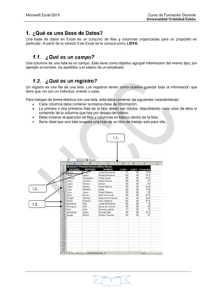 Microsoft Excel 2010 Curso de Formación Docente
Universidad Cristóbal Colón
1
1. ¿Qué es una Base de Datos?
Una base de datos en Excel es un conjunto de filas y columnas organizadas para un propósito en
particular. A partir de la versión 5 de Excel se le conoce como LISTA.
1.1. ¿Qué es un campo?
Una columna de una lista es un campo. Este tiene como objetivo agrupar información del mismo tipo; por
ejemplo el nombre, los apellidos o el salario de un empleado.
1.2. ¿Qué es un registro?
Un registro es una fila de una lista. Los registros tienen como objetivo guardar toda la información que
tiene que ver con un individuo, evento o cosa.
Para trabajar de forma efectiva con una lista, ésta debe contener las siguientes características:
 Cada columna debe contener la misma clase de información.
 La primera o dos primeros filas de la lista deben ser rótulos, describiendo cada unos de ellos el
contenido de la columna que hay por debajo del mismo.
 Debe evitarse la aparición de filas y columnas en blanco dentro de la lista.
 Sería ideal que una lista ocupara una hoja de un libro de trabajo solo para ella.
1.1.
1.2.
1.3.
 