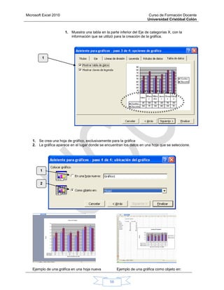 Microsoft Excel 2010 Curso de Formación Docente
Universidad Cristóbal Colón
56
1. Muestra una tabla en la parte inferior del Eje de categorías X, con la
información que se utilizó para la creación de la gráfica.
1. Se crea una hoja de gráfico, exclusivamente para la gráfica
2. La gráfica aparece en el lugar donde se encuentran los datos en una hoja que se seleccione.
Ejemplo de una gráfica en una hoja nueva Ejemplo de una gráfica como objeto en:
1
1
2
 