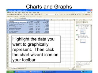 Highlight the data you
want to graphically
represent. Then click
the chart wizard icon on
your toolbar
Charts and Graphs
 