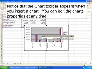 Notice that the Chart toolbar appears when
you insert a chart. You can edit the charts
properties at any time.
 