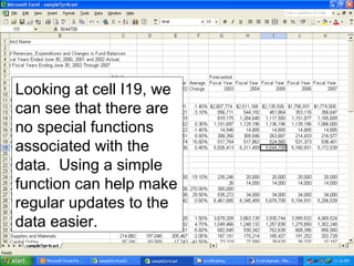 Looking at cell I19, we
can see that there are
no special functions
associated with the
data. Using a simple
function can help make
regular updates to the
data easier.
 