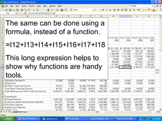 The same can be done using a
formula, instead of a function.
=I12+I13+I14+I15+I16+I17+I18
This long expression helps to
show why functions are handy
tools.
 