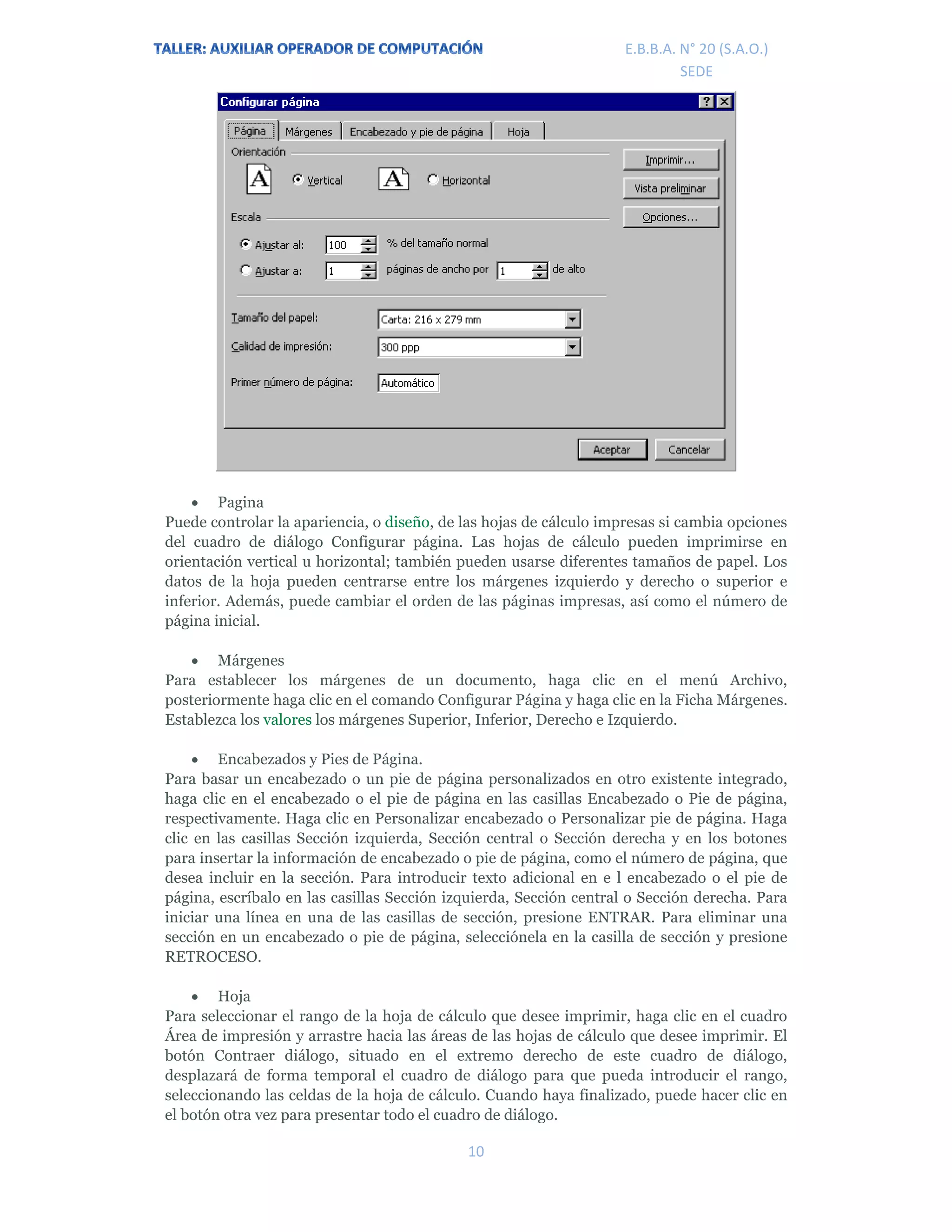 E.P.J.A. N° 20 (S.A.O.)  
 
10 
 
E.B.B.A. N° 20 (S.A.O.) 
SEDE 
 Pagina
Puede controlar la apariencia, o diseño, de las hojas de cálculo impresas si cambia opciones
del cuadro de diálogo Configurar página. Las hojas de cálculo pueden imprimirse en
orientación vertical u horizontal; también pueden usarse diferentes tamaños de papel. Los
datos de la hoja pueden centrarse entre los márgenes izquierdo y derecho o superior e
inferior. Además, puede cambiar el orden de las páginas impresas, así como el número de
página inicial.
 Márgenes
Para establecer los márgenes de un documento, haga clic en el menú Archivo,
posteriormente haga clic en el comando Configurar Página y haga clic en la Ficha Márgenes.
Establezca los valores los márgenes Superior, Inferior, Derecho e Izquierdo.
 Encabezados y Pies de Página.
Para basar un encabezado o un pie de página personalizados en otro existente integrado,
haga clic en el encabezado o el pie de página en las casillas Encabezado o Pie de página,
respectivamente. Haga clic en Personalizar encabezado o Personalizar pie de página. Haga
clic en las casillas Sección izquierda, Sección central o Sección derecha y en los botones
para insertar la información de encabezado o pie de página, como el número de página, que
desea incluir en la sección. Para introducir texto adicional en e l encabezado o el pie de
página, escríbalo en las casillas Sección izquierda, Sección central o Sección derecha. Para
iniciar una línea en una de las casillas de sección, presione ENTRAR. Para eliminar una
sección en un encabezado o pie de página, selecciónela en la casilla de sección y presione
RETROCESO.
 Hoja
Para seleccionar el rango de la hoja de cálculo que desee imprimir, haga clic en el cuadro
Área de impresión y arrastre hacia las áreas de las hojas de cálculo que desee imprimir. El
botón Contraer diálogo, situado en el extremo derecho de este cuadro de diálogo,
desplazará de forma temporal el cuadro de diálogo para que pueda introducir el rango,
seleccionando las celdas de la hoja de cálculo. Cuando haya finalizado, puede hacer clic en
el botón otra vez para presentar todo el cuadro de diálogo.
 