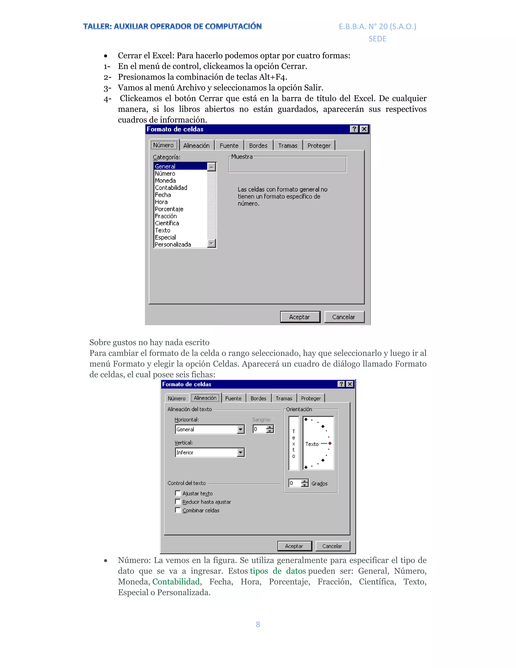 E.P.J.A. N° 20 (S.A.O.)  
 
8 
 
E.B.B.A. N° 20 (S.A.O.) 
SEDE 
 Cerrar el Excel: Para hacerlo podemos optar por cuatro formas:
1- En el menú de control, clickeamos la opción Cerrar.
2- Presionamos la combinación de teclas Alt+F4.
3- Vamos al menú Archivo y seleccionamos la opción Salir.
4- Clickeamos el botón Cerrar que está en la barra de título del Excel. De cualquier
manera, si los libros abiertos no están guardados, aparecerán sus respectivos
cuadros de información.
Sobre gustos no hay nada escrito
Para cambiar el formato de la celda o rango seleccionado, hay que seleccionarlo y luego ir al
menú Formato y elegir la opción Celdas. Aparecerá un cuadro de diálogo llamado Formato
de celdas, el cual posee seis fichas:
 Número: La vemos en la figura. Se utiliza generalmente para especificar el tipo de
dato que se va a ingresar. Estos tipos de datos pueden ser: General, Número,
Moneda, Contabilidad, Fecha, Hora, Porcentaje, Fracción, Científica, Texto,
Especial o Personalizada.
 