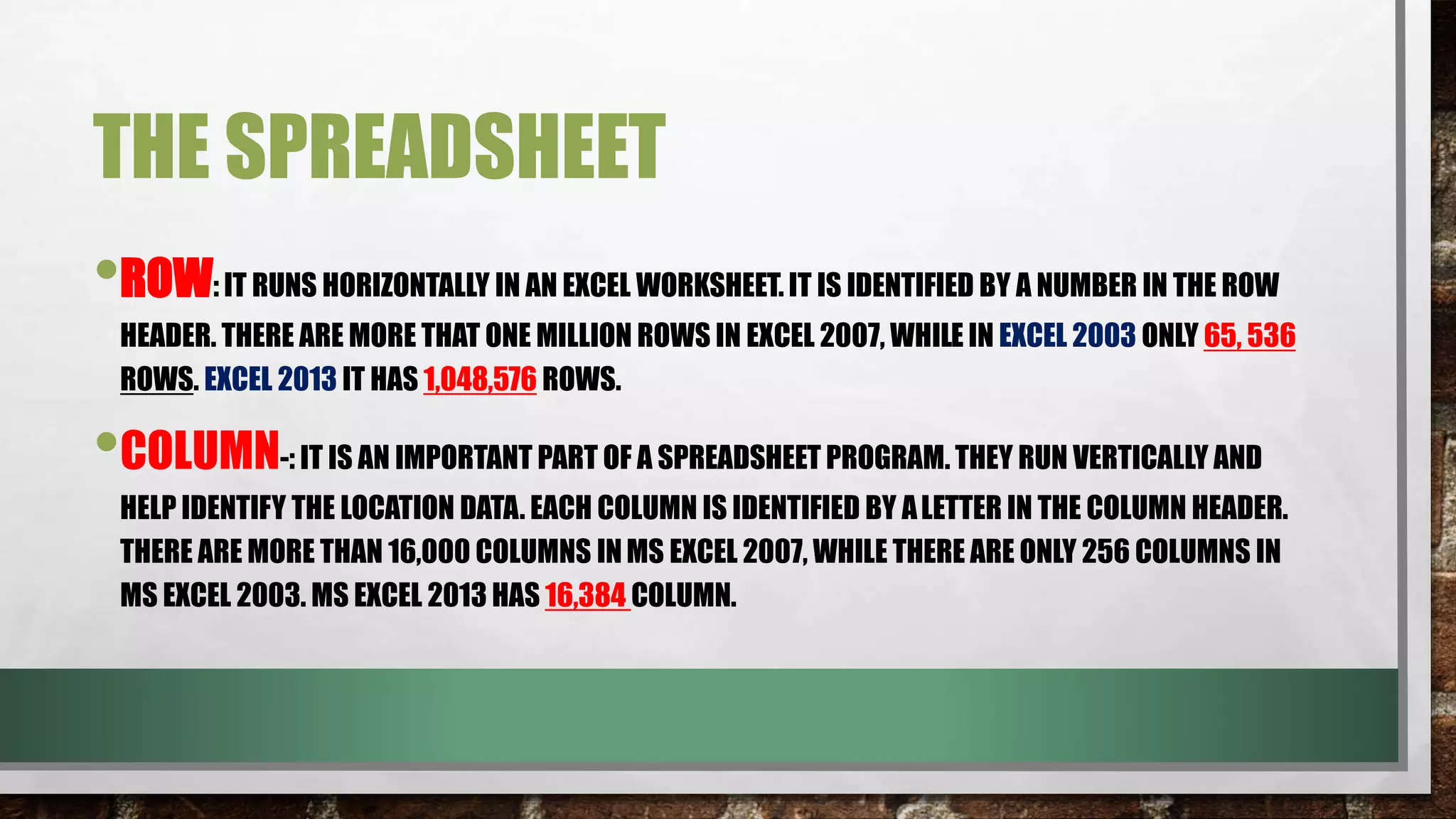 THE SPREADSHEET 
•ROW: IT RUNS HORIZONTALLY IN AN EXCEL WORKSHEET. IT IS IDENTIFIED BY A NUMBER IN THE ROW 
HEADER. THERE ARE MORE THAT ONE MILLION ROWS IN EXCEL 2007, WHILE IN EXCEL 2003 ONLY 65, 536 
ROWS. EXCEL 2013 IT HAS 1,048,576 ROWS. 
•COLUMN-: IT IS AN IMPORTANT PART OF A SPREADSHEET PROGRAM. THEY RUN VERTICALLY AND 
HELP IDENTIFY THE LOCATION DATA. EACH COLUMN IS IDENTIFIED BY A LETTER IN THE COLUMN HEADER. 
THERE ARE MORE THAN 16,000 COLUMNS IN MS EXCEL 2007, WHILE THERE ARE ONLY 256 COLUMNS IN 
MS EXCEL 2003. MS EXCEL 2013 HAS 16,384 COLUMN. 
 