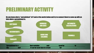 PRELIMINARY ACTIVITY 
Do you know what a “spreadsheet” is? Look at the words below and try to connect them to come up with an 
idea what a spreadsheet is. 
SOFTWARE NUMBERS 
AND DATA 
AUTOMATIC 
CALCULATIONS 
ACCOUNTANTS 
ROWS AND 
COLUMNS 
FORMULA 
TABULATE 
Spreadsheet is a ___________ that contains _______and _________ used by __________ to _________ 
the _________and _________, it can be used also to create _________for _______________. 
 
