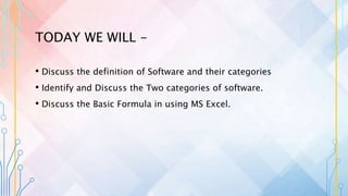 TODAY WE WILL -
• Discuss the definition of Software and their categories
• Identify and Discuss the Two categories of software.
• Discuss the Basic Formula in using MS Excel.
 