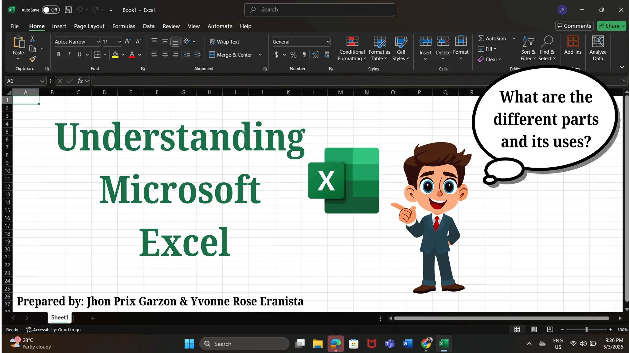 Understanding
Microsoft
Excel
Prepared by: Jhon Prix Garzon & Yvonne Rose Eranista
What are the
different parts
and its uses?
 