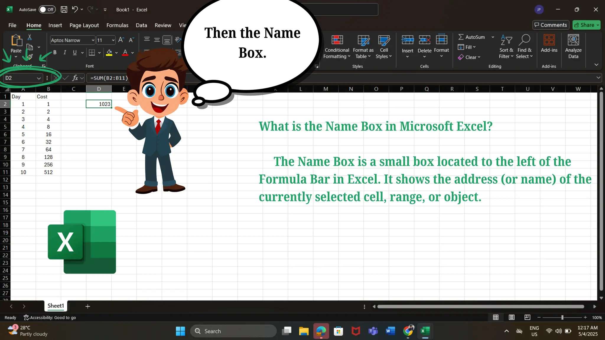 Then the Name
Box.
What is the Name Box in Microsoft Excel?
The Name Box is a small box located to the left of the
Formula Bar in Excel. It shows the address (or name) of the
currently selected cell, range, or object.
 