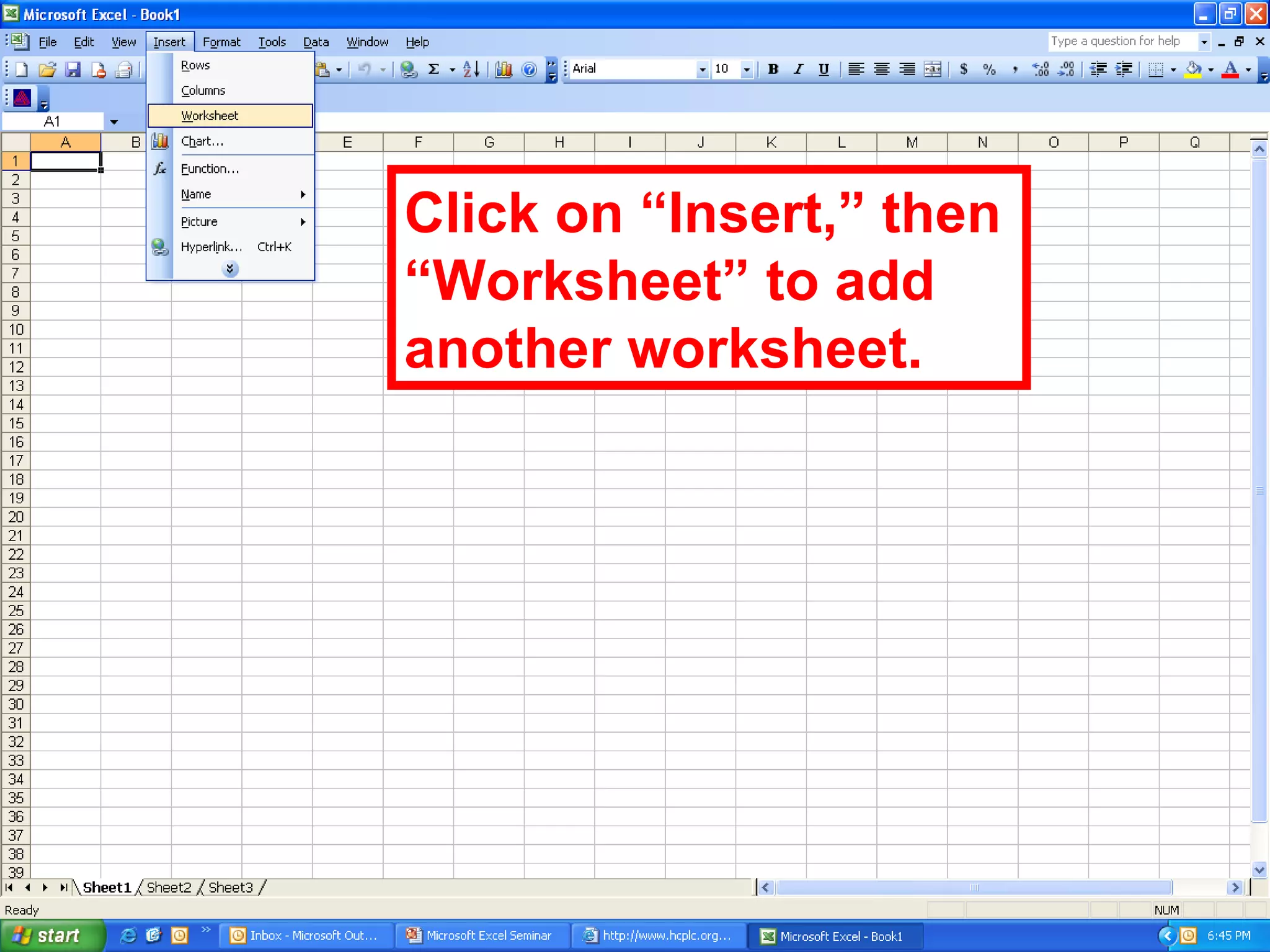 Click on “Insert,” then “Worksheet” to add another worksheet. 