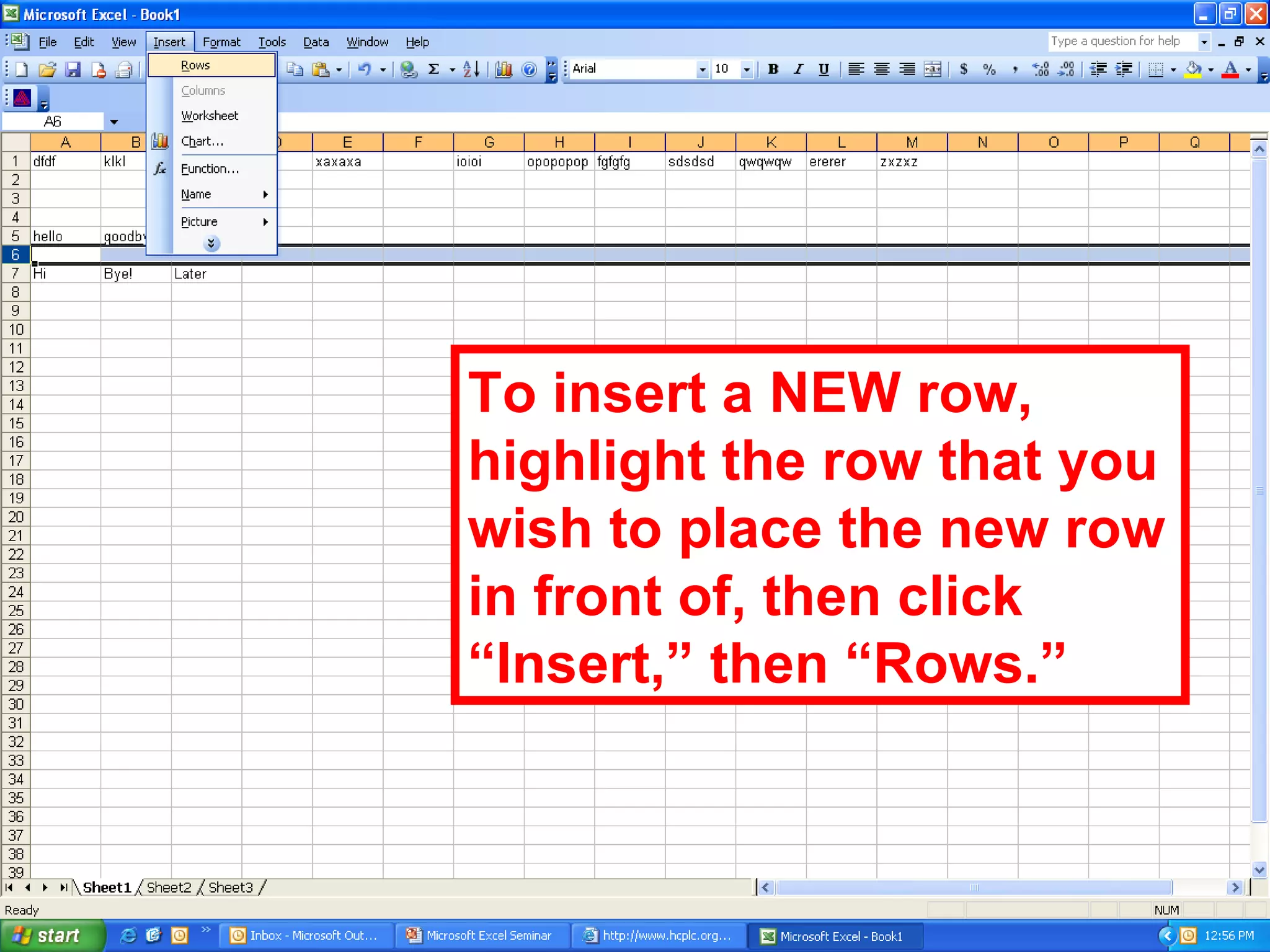 To insert a NEW row, highlight the row that you wish to place the new row in front of, then click “Insert,” then “Rows.” 