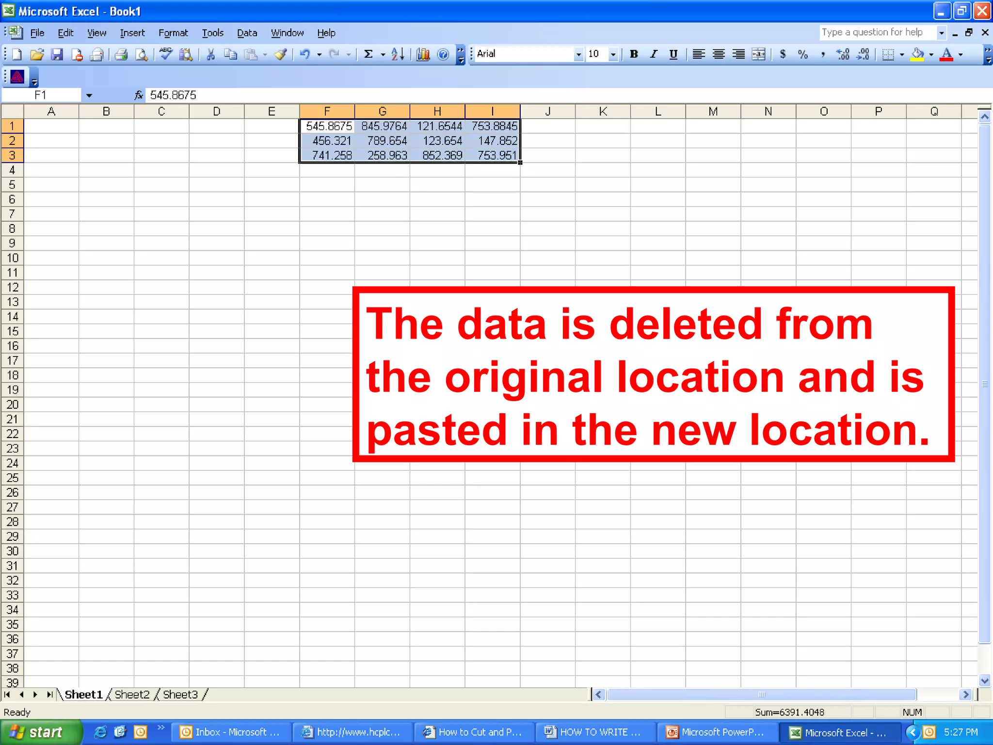 The data is deleted from the original location and is pasted in the new location. 