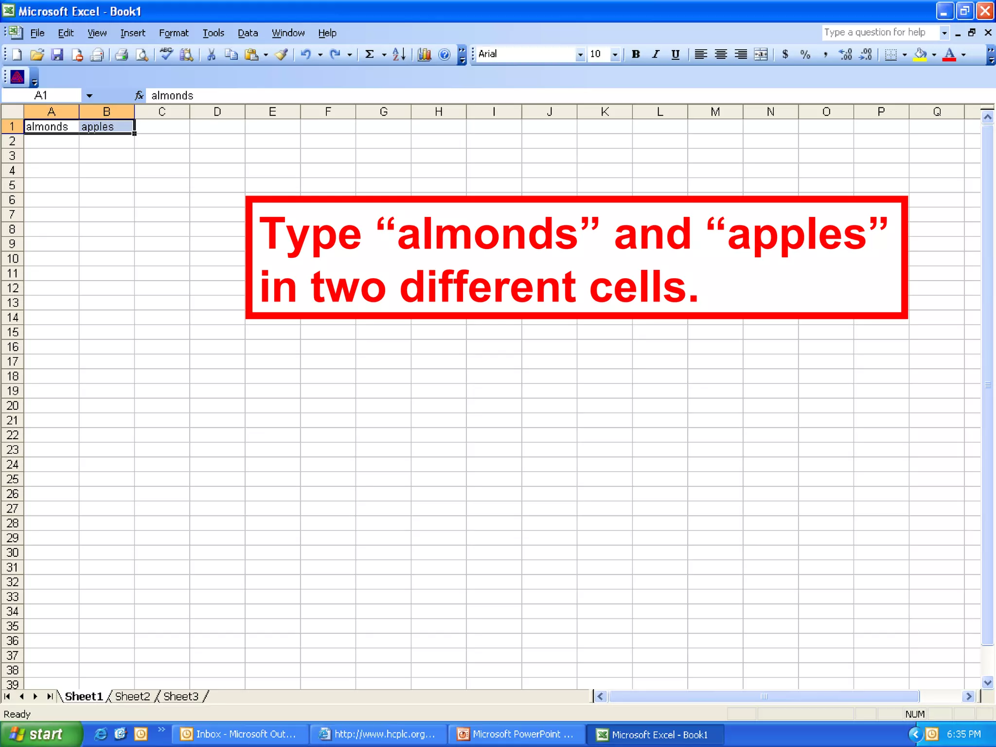 Type “almonds” and “apples” in two different cells. 
