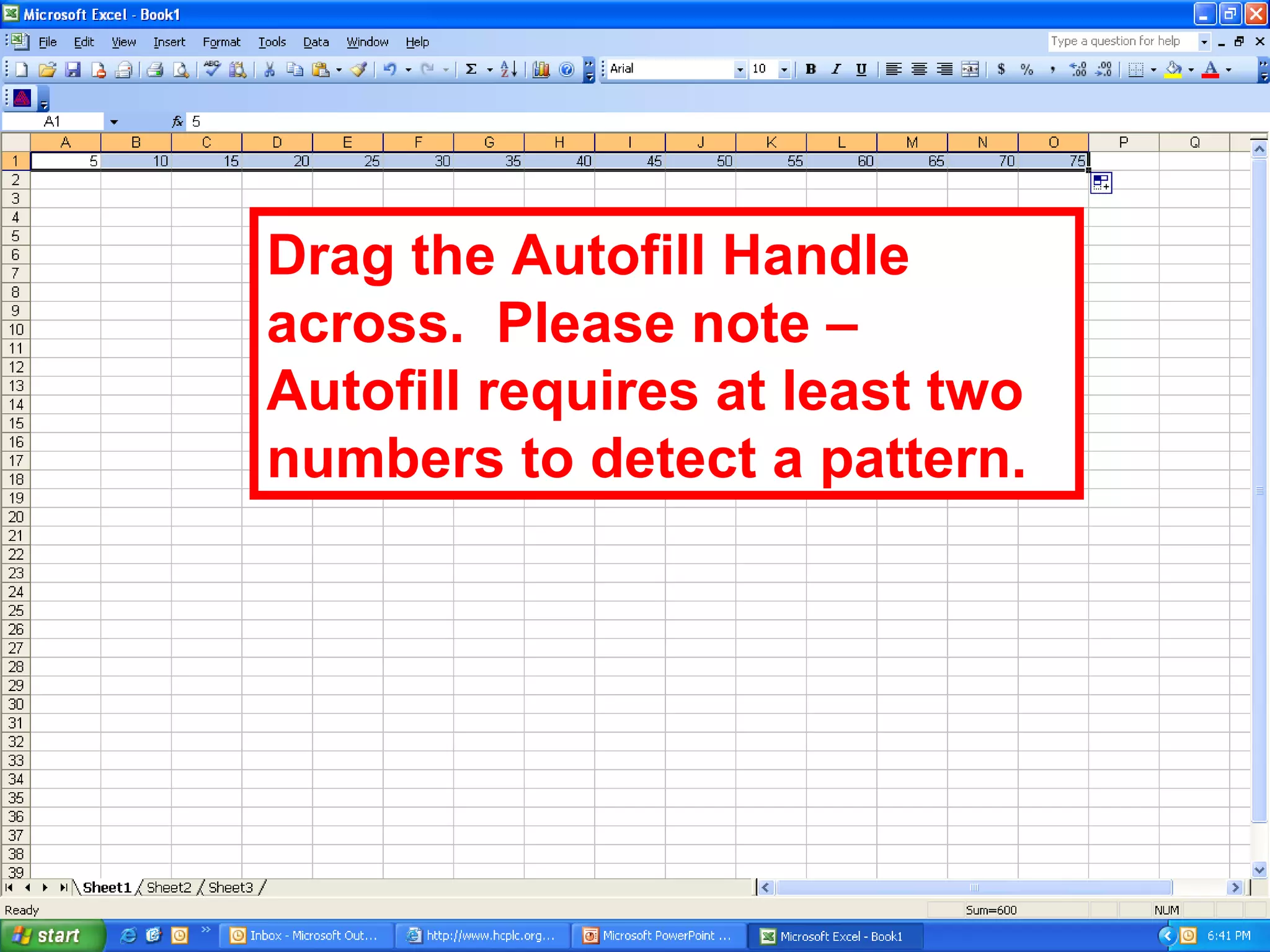 Drag the Autofill Handle across.  Please note – Autofill requires at least two numbers to detect a pattern. 