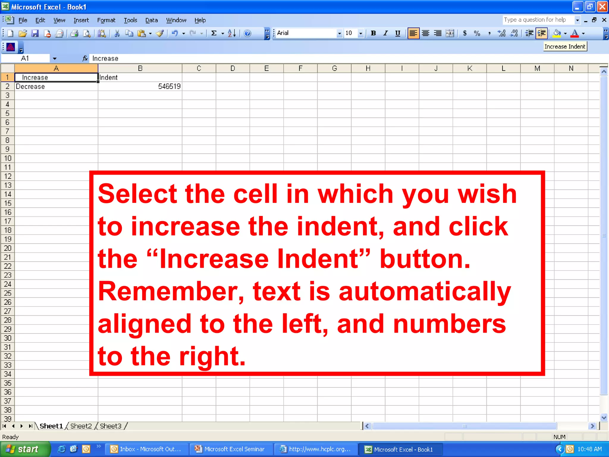 Select the cell in which you wish to increase the indent, and click the “Increase Indent” button. Remember, text is automatically aligned to the left, and numbers to the right. 