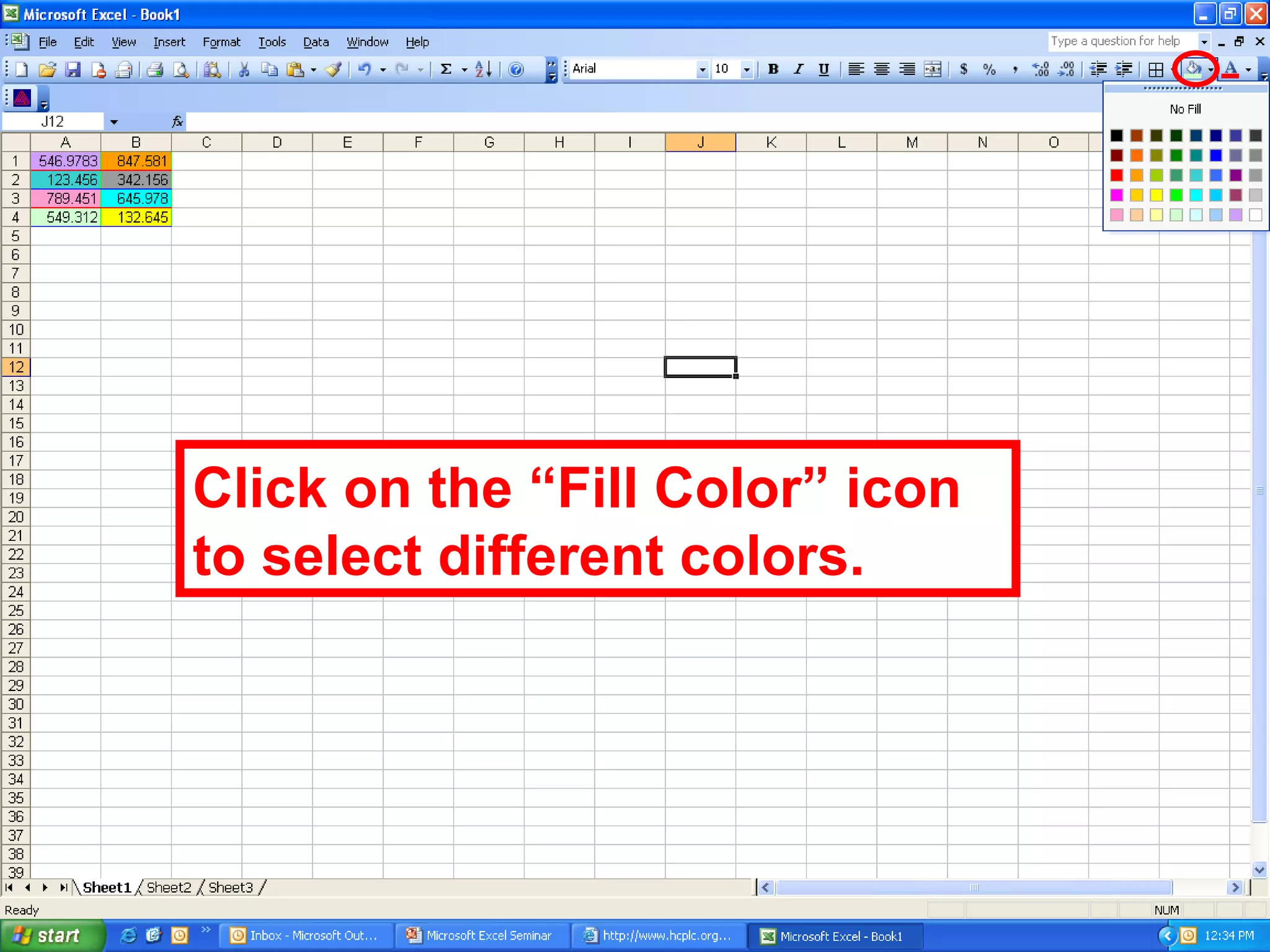 Click on the “Fill Color” icon to select different colors. 