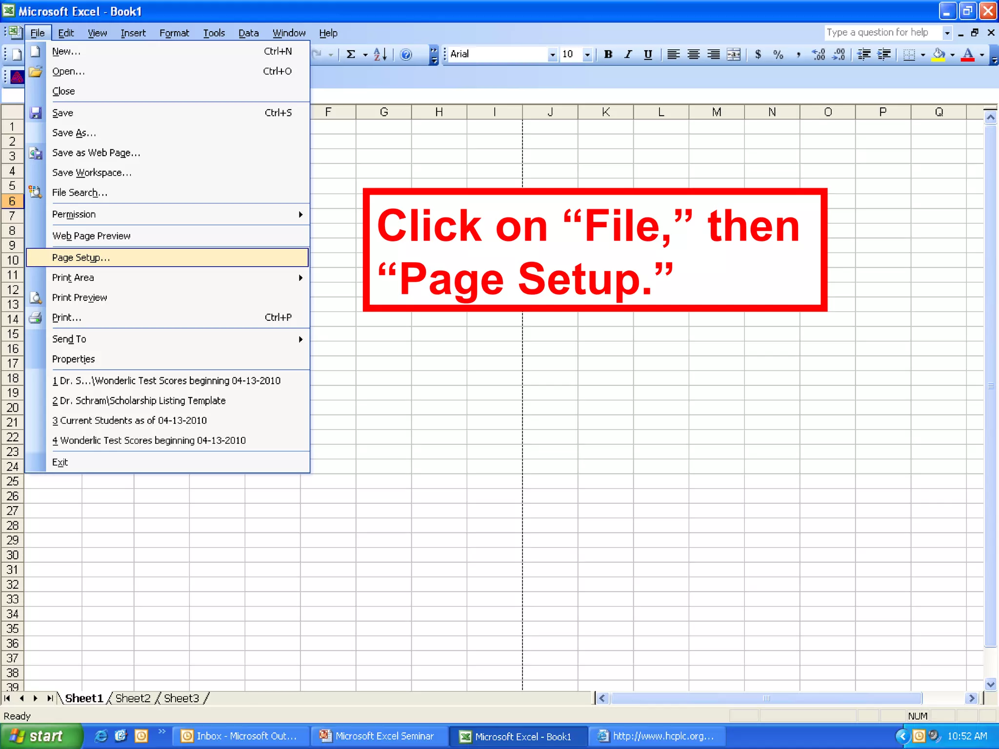 Click on “File,” then “Page Setup.”  