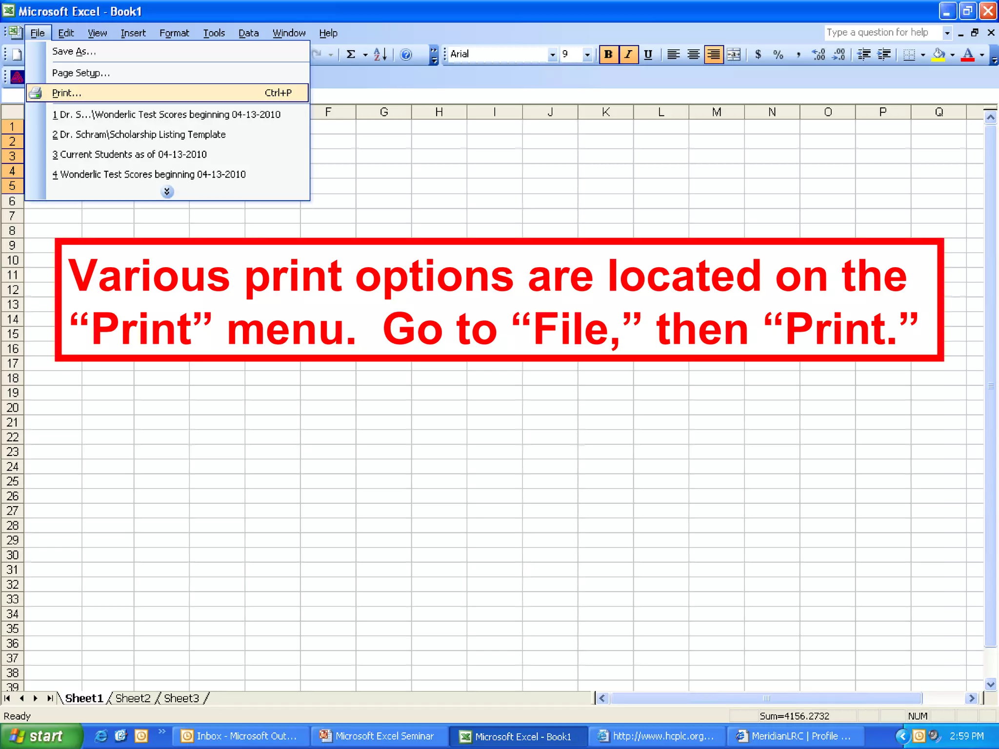 Various print options are located on the “Print” menu.  Go to “File,” then “Print.” 
