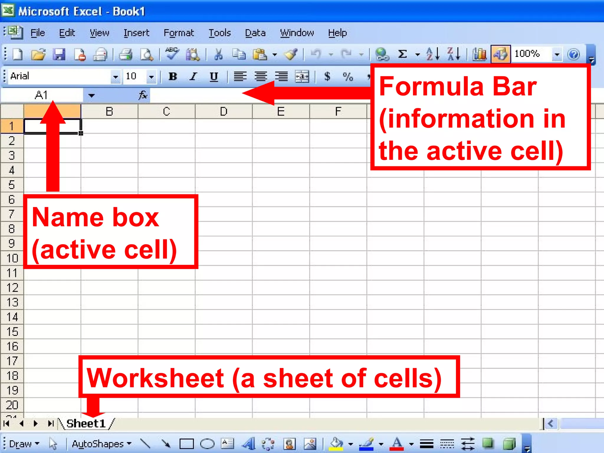 Name box (active cell) Formula Bar (information in the active cell) Worksheet (a sheet of cells) 