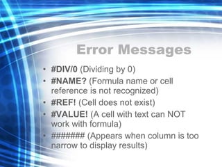 Error Messages #DIV/0  (Dividing by 0) #NAME?  (Formula name or cell reference is not recognized) #REF!  (Cell does not exist) #VALUE!  (A cell with text can NOT work with formula) ####### (Appears when column is too narrow to display results) 