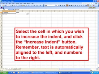 Select the cell in which you wish to increase the indent, and click the “Increase Indent” button. Remember, text is automatically aligned to the left, and numbers to the right. 