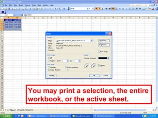 You may print a selection, the entire workbook, or the active sheet.  