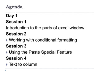Agenda
Day 1
Session 1
Introduction to the parts of excel window
Session 2
 Working with conditional formatting
Session 3
 Using the Paste Special Feature
Session 4
 Text to column
 